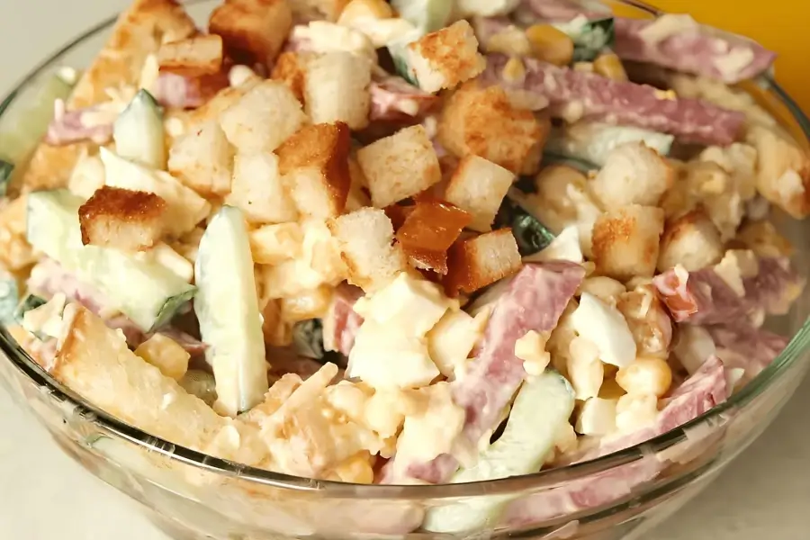 Салат с сухариками, колбасой и кукурузой
